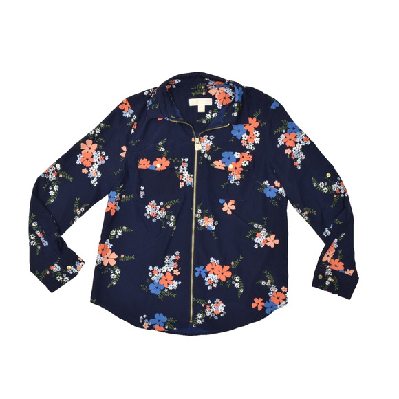 Michael Kors Women's Blue Floral Long Sleeve Full Zip Blouse Regular Size L Poly - Picture 1 of 8